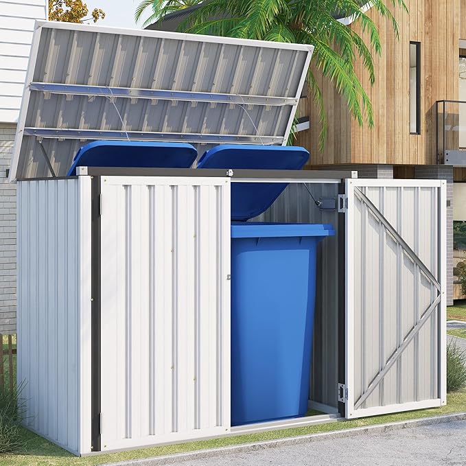 AECOJOY Outdoor Trash Can Storage, 46 Cu.Ft White Trash Can Storage Cabinet Shed Outdoor Horizontal Storage Cabinet Waterproof, Garbage Can Storage Bicycle Sheds & Outdoor Storage Clearance