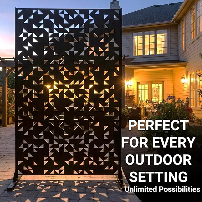 Metal Privacy Screen Outdoor 6FT – Laser-Cut Geometric Mosaic Decorative Steel Panel, Weather-Resistant Freestanding Rustproof Privacy Wall Divider for Patio, Garden, Deck & Balcony