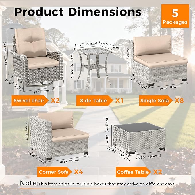 14-Seat Modern Patio Furniture Set with Swivel Rocking Chairs, Thick 4″ Cushions, Dual-Strand Wicker Rattan, Rust-Resistant Steel Frame – Outdoor Conversation & Modular Sectional,Beige