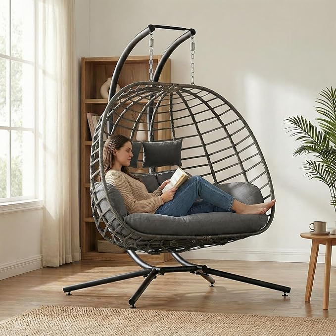 SWITTE Double Egg Swing Chair with Stand, Outdoor Patio 2 Person Hanging Wicker Hammock Chairs with Cushion for Indoor Bedroom, Lawn, Garden-Dark Grey