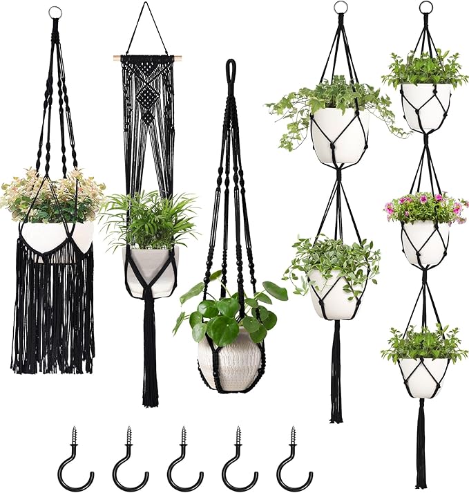 Mkono Macrame Plant Hangers, 5 Pack Different Tiers Indoor Hanging Planters Basket with 5 Hooks Decorative Flower Pots Holder Stand Boho Home Decor, Black