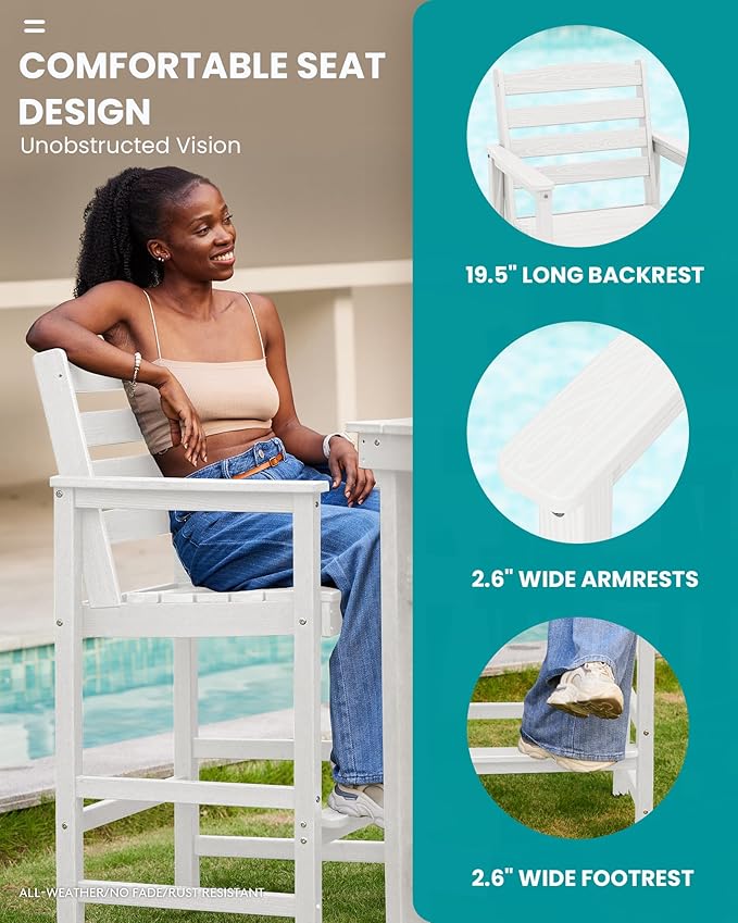 SERWALL Outdoor Bar Table and Chairs Set, Adirondack Bar Chairs Set of 2 and Bar Height Table, All Weather HDPE Patio Bar Set, Outdoor Furniture for Outside, White
