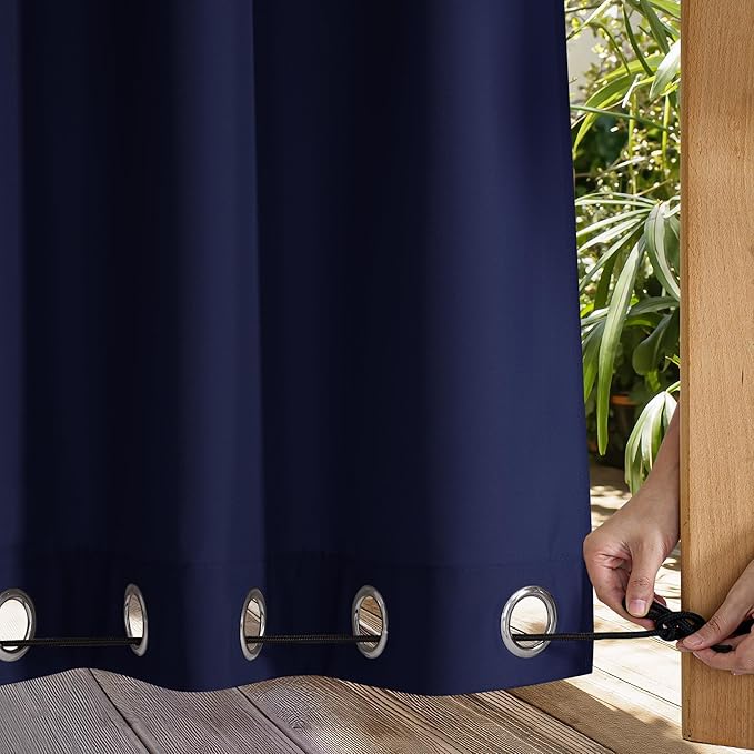 NICETOWN Canvas Outdoor Curtains for Paito 2 Panels, Dark Blue, W52 x L84 per Panel - Waterproof & Windproof Sun Shades with Grommet & Back Tab & Rod Pocket, Free Rope Included for Bottom Fixing