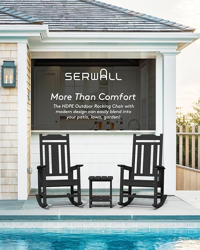 SERWALL Outdoor Rocking Chair Black Set of 8, All Weather Patio Rocking Chair, HDPE Poly Rocking Chair for Adults, Heavy Duty Front Porch Rocker