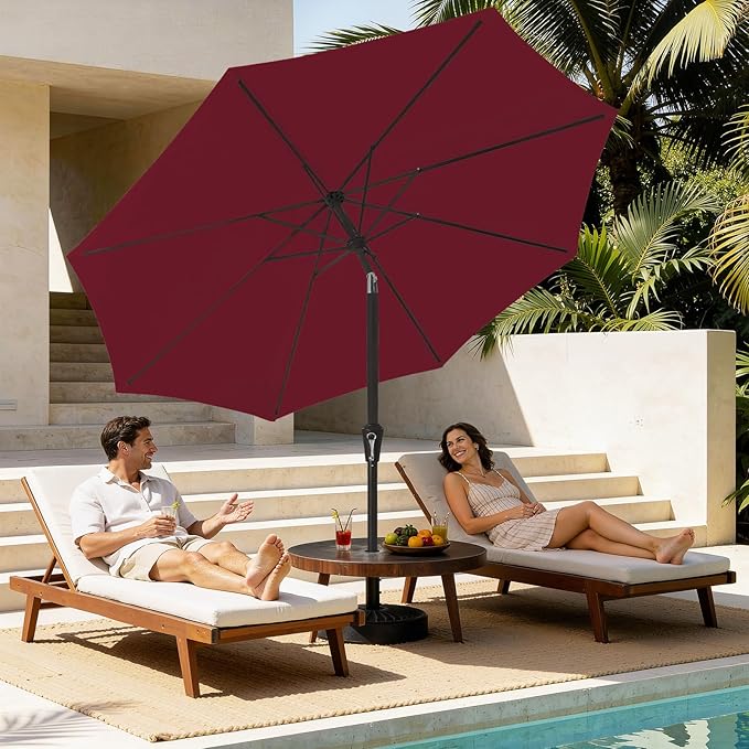 MEWAY 9ft Patio Umbrella Outdoor Table Umbrellas with Push Tilt and Crank, Market Umbrella 8 Sturdy Ribs for Deck, Garden, Pool and Backyard, Cherry Red