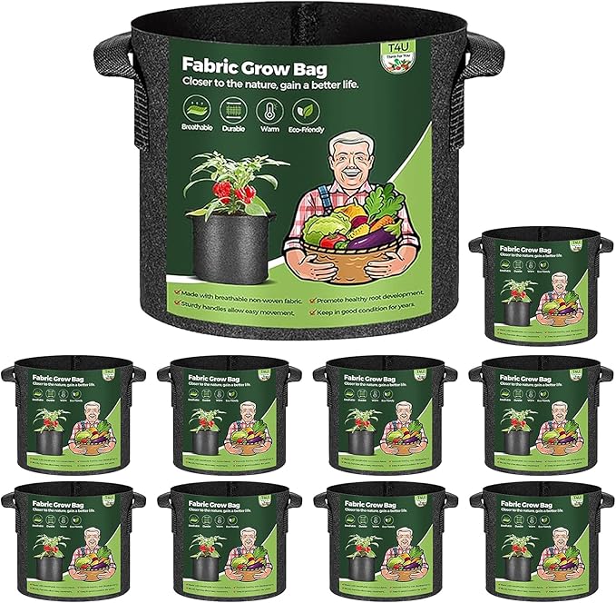 T4U 3 Gallon Grow Bags, Upgrade Grow Bags with Handles, Heavy Duty Thickened Nonwoven Fabric Pots, 3 Gallon Pots for Plants, Rosemary, Chamomile, Onion (10 Pack)
