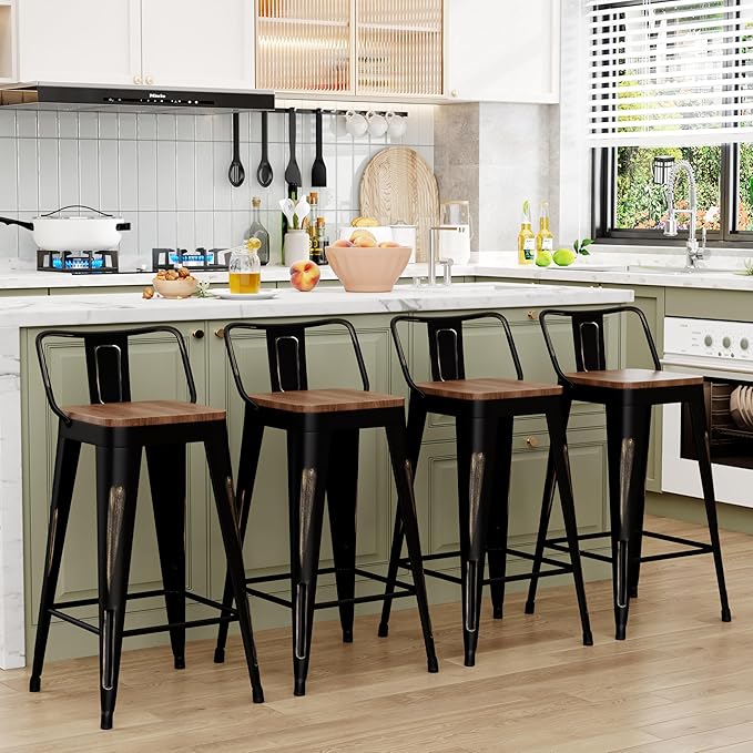 WENTMENT Bar Stools Set of 4 Counter Height Bar Stools Metal Barstools with Removable Back 26" Kitchen Bar Stools with Wooden Seat, Distressed Black