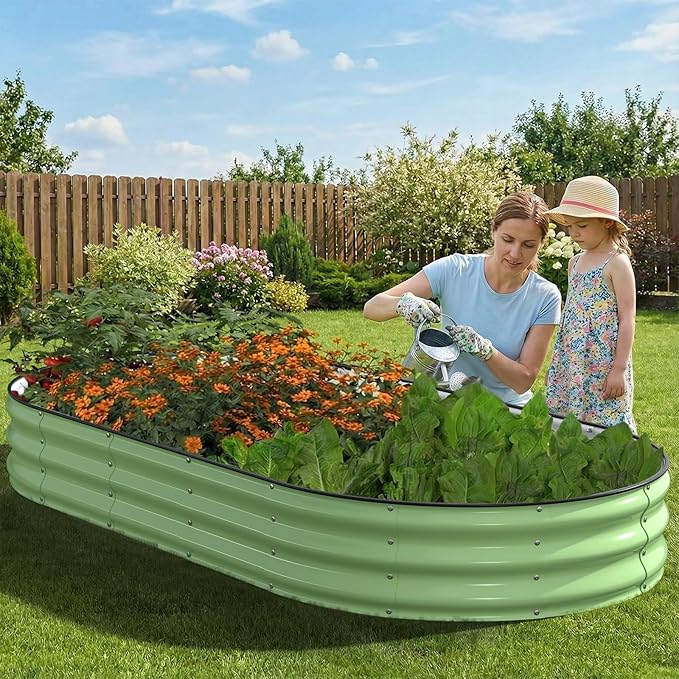 Raised Garden Bed, 8x4x1ft Galvanized Outdoor Planter Beds with Safety Edging and Gloves, Oval Metal Planter Box for Gardening Vegetables Flowers Herb-Green