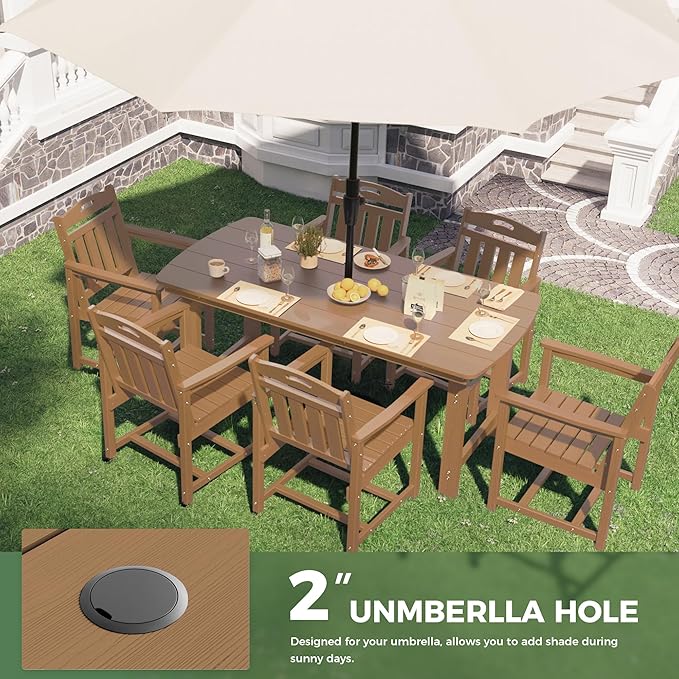 HDPE Outdoor Dining Set, Patio Table and Chairs Set, All-Weather 7-Piece Outside Table and 6 Chairs, 2" Umbrella Hole, Outdoor Furniture for Garden, Poolside, Backyard, Deck | Teak