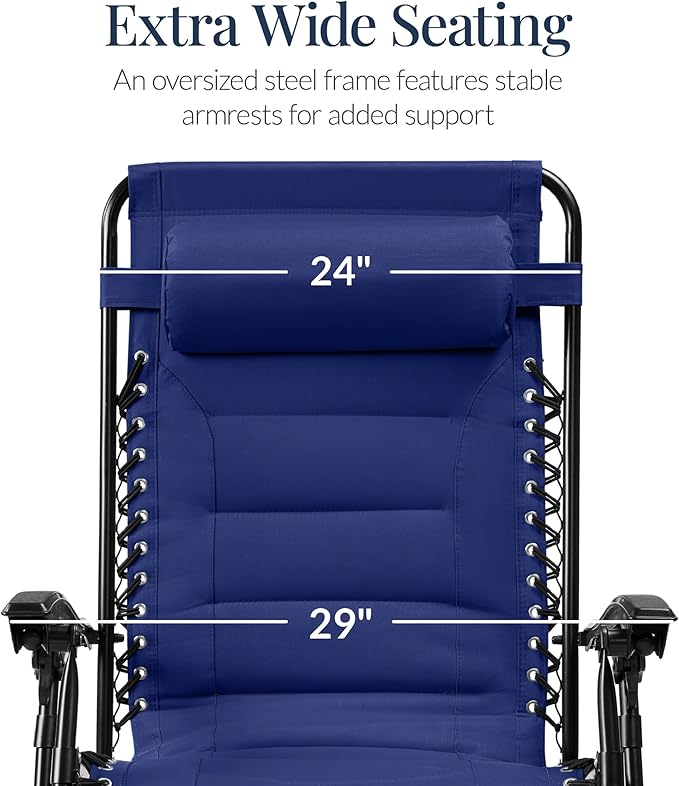 Best Choice Products Oversized Padded Zero Gravity Chair, Folding Outdoor Patio Recliner, XL Anti Gravity Lounger for Backyard w/Headrest, Cup Holder, Side Tray, Polyester Mesh - Cobalt Blue