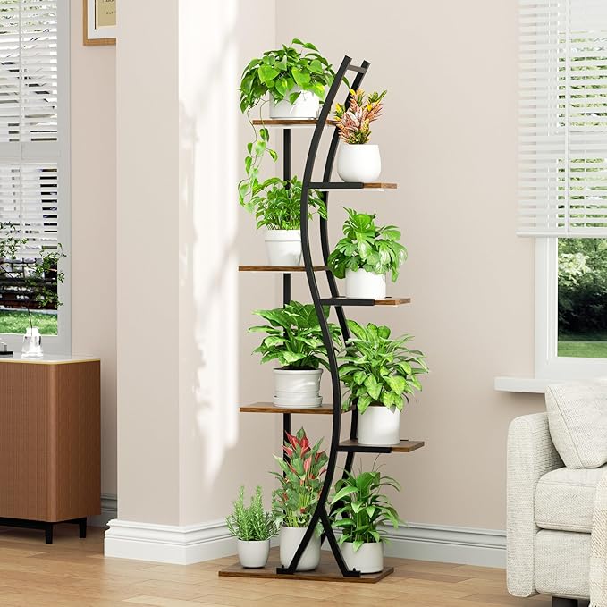 62“ Plant Stand Indoor with Grow Lights - 7 Tiered Tall Metal Plant Shelf - Corner Wooden Plant Stand for Indoor Plants Multiple, Large S-Shape Flower Rack Holder for Living Room, Garden, Patio Decor