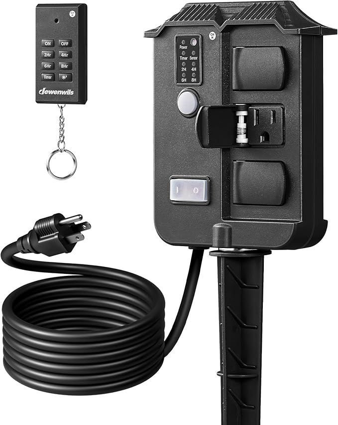 DEWENWILS Outdoor Power Stake Timer Waterproof, 6 Grounded Outlets, 6FT Extension Cord, 100FT Wireless Remote Control, Photocell Dusk to Dawn Timer for Lights, Yard, Garden, UL Listed