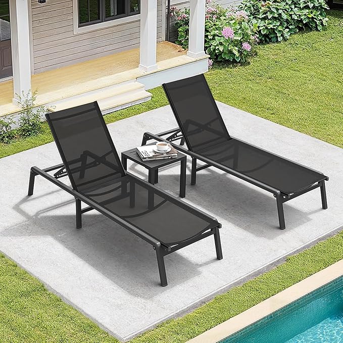 ONBRILL Aluminum Chaise Lounge Chair Outdoor, Foldable & Assembly Free Outdoor Lounge Chair with 5 Position Adjustable Backrest, Patio Pool Lounge Chairs for Outside Poolside Beach Lawn, 1PC, Black