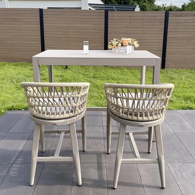 PURPLE LEAF Outdoor Rattan 24" Counter Height Bar Stools Chair Set of 2, Modern Upholstered Patio Bar Stool with Backrest for Indoor and Outdoor, Kitchen Island, Champagne