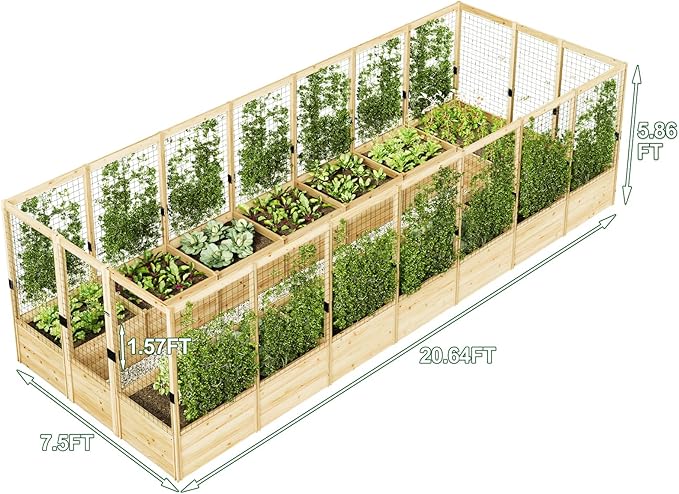 AMERLIFE Raised Garden Bed with Deer Proof Fence, 7.5Wx20Dx6H Outdoor Wooden Raised Garden Bed Planter with 19" Depth Planter Box