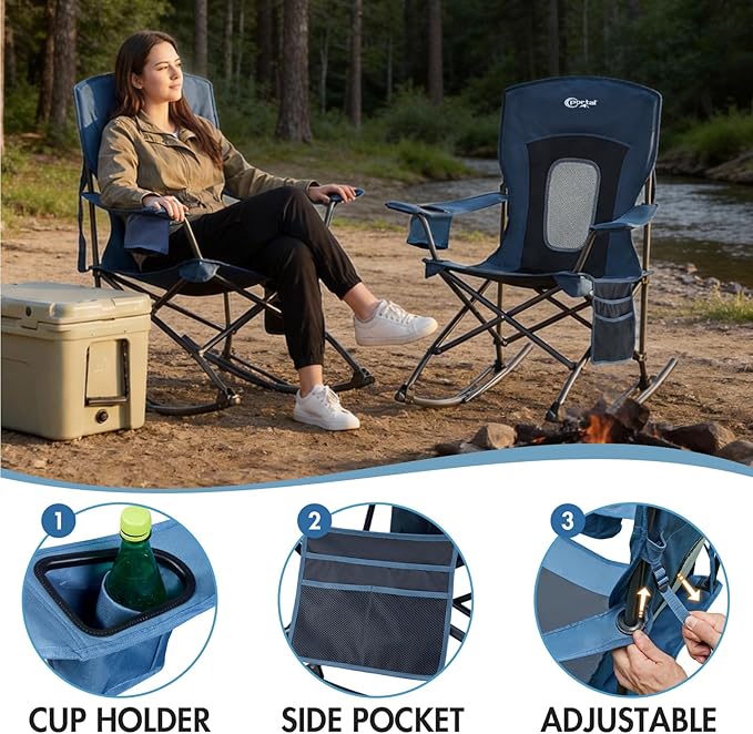 Portal Outdoor Rocking Chair Camping Folding Portable Rocker with Cup Holder Side Pocket Carry Bag, Support 350LBS (Mesh Blue)