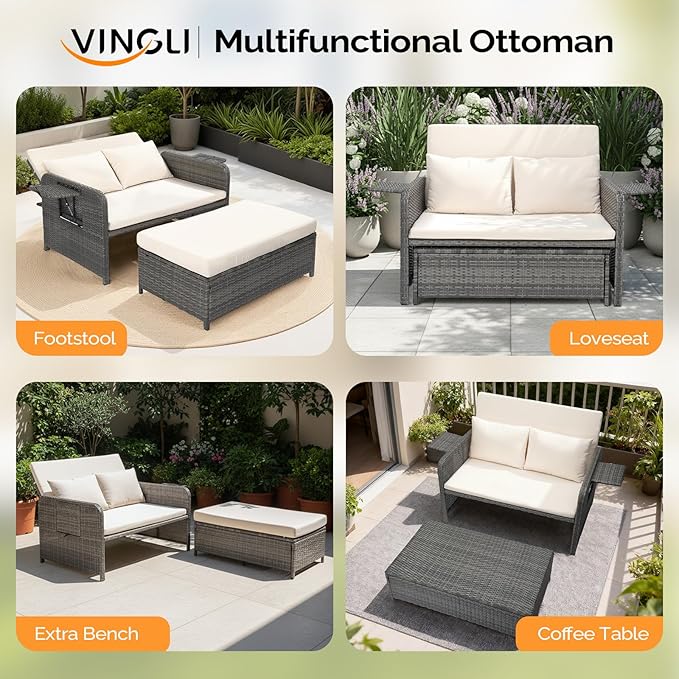 VINGLI Patio Daybed, Wicker Outdoor Daybed with Storage Ottoman & 5-Level Adjustable Backrest, All-Weather Rattan Cushioned Patio Loveseat Sofa for Garden Balcony Backyard (Beige, Gray)
