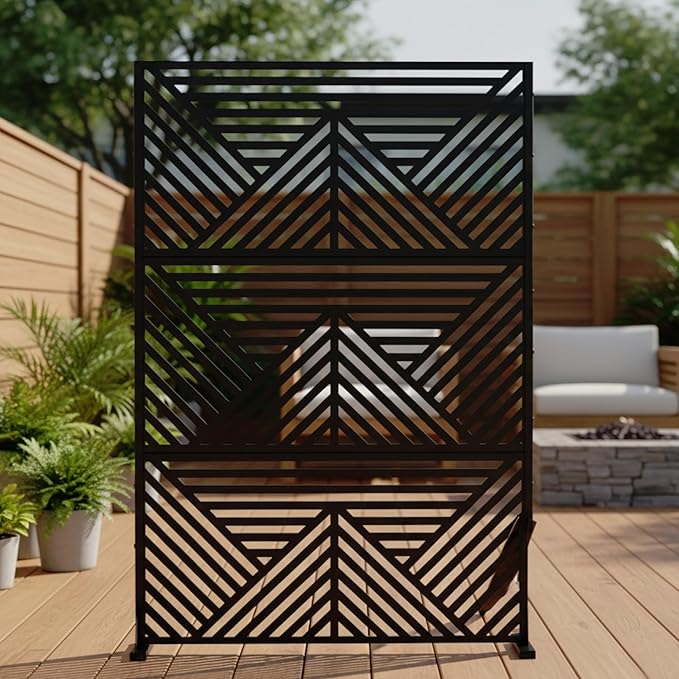 Casaphoria Metal Privacy Screen Outdoor, 72" H x 47" W Freestanding Decorative Privacy Screen for Patio Deck Balcony Garden with Stable Base, Black Zodiac