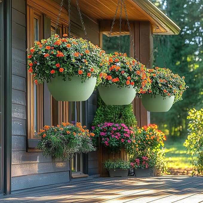 T4U 12 Inch Hanging Planters for Indoor Outdoor Plants, 2 Pack Plastic Hanging Planter, Indoor Hanging Plant Pots, Hanging Basket with Drainage Holes, Flower Pots for Garden Home Decor, Green