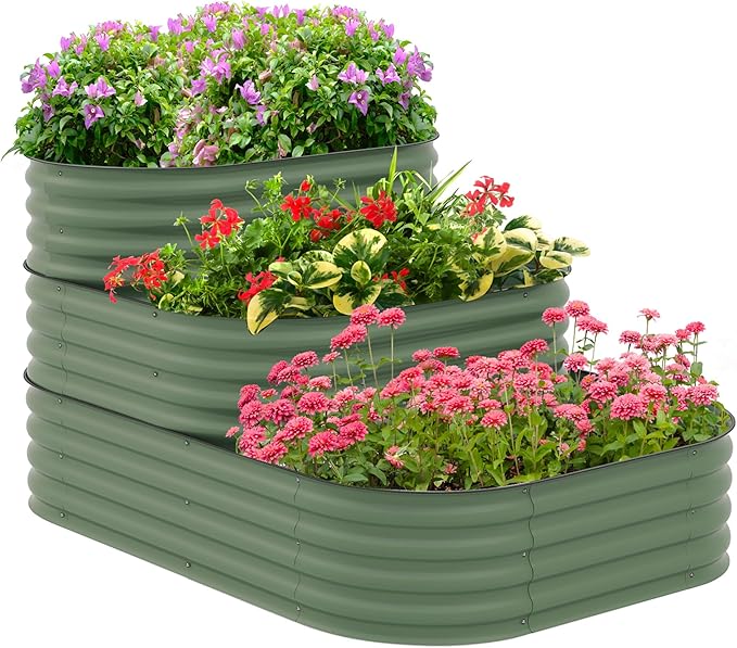 Outsunny 3-Tier Galvanized Steel Raised Garden Bed Kit, 62.25" x 43" x 32.25", 3 Combining Planter Boxes with Rubber Strip Edging, Open Bottom for Backyard, Garden, Patio, Green