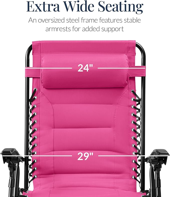Best Choice Products Oversized Padded Zero Gravity Chair, Folding Outdoor Patio Recliner, XL Anti Gravity Lounger for Backyard w/Headrest, Cup Holder, Side Tray, Polyester Mesh - Hot Pink