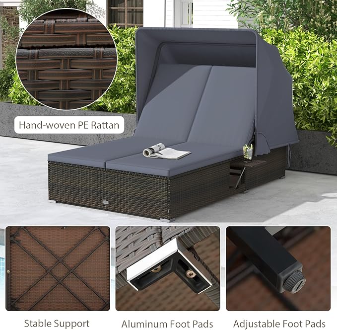 RELAX4LIFE Outdoor Rattan Daybed w/Canopy - Wicker Double Chaise Lounge w/6-Position Backrest, Folding Side Trays & Cushion, 2-Seater Loveseat Sunbed for Backyard, Patio Rattan Bed Lounger (Gray)