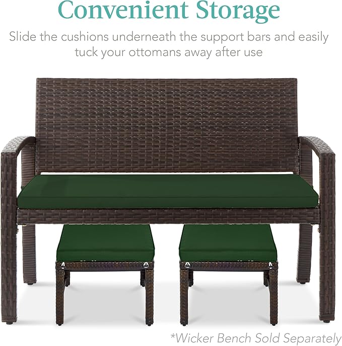 Best Choice Products Set of 2 Wicker Ottomans, Multipurpose Outdoor Furniture for Patio, Backyard, Additional Seating, Footrest, Side Table w/Removable Cushions, Steel Frame - Midnight Green/Brown