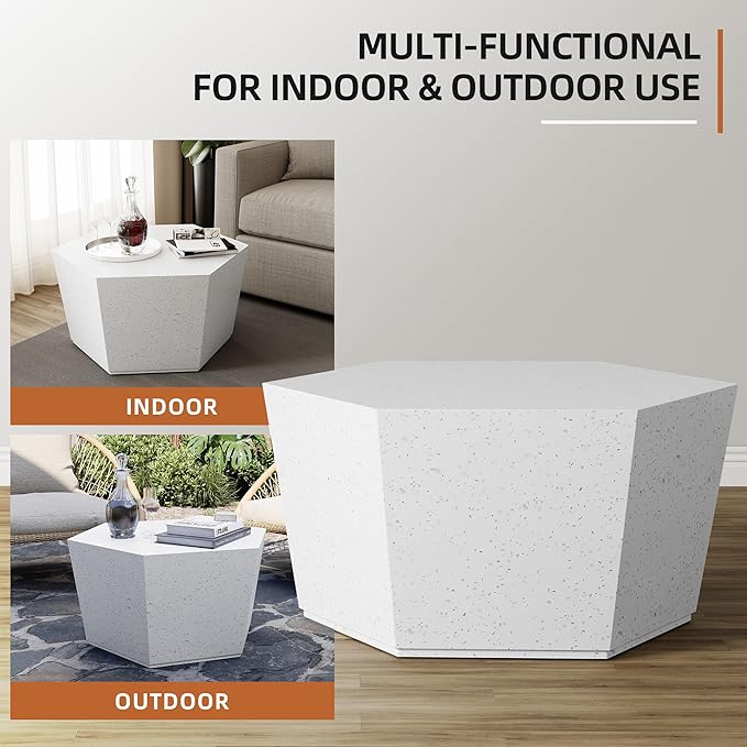 UPHA Outdoor Hexagon Coffee Table, Small Modern Minimalist Accent Tables, Low Light Concrete Center Table for Living Room, Outside Patio, Deck, 28×24.2×15.4, Off-White
