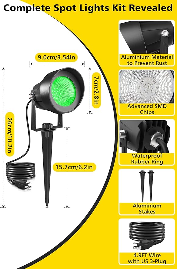 T-SUN Green Spotlight Outdoor, Waterproof LED Landscape Lighting with US Plug, Easy Install 270° Adjustable Outdoor Spot Lights for Garden Tree Yard Decor