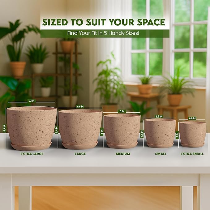 Utopia Home - Spotty Plant Pots Indoor with Drainage - 7/6.6/6/5.3/4.8 Inches Flower Pots - 5 Pack Plastic Planters - Ideal for Stocking Stuffers - (Speckled Peach Pink, Pack of 5)