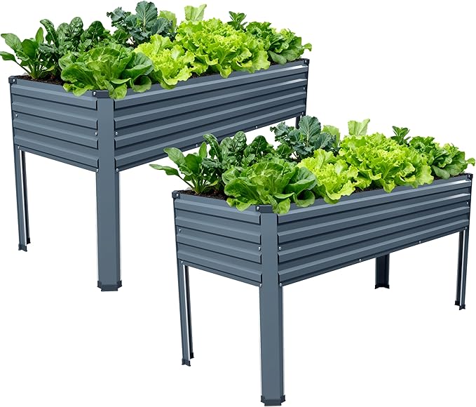 Vengarus Galvanized Raised Garden Bed Outdoor with Legs,48×18×30in Metal Elevated Raised Planter Box for Backyard, Patio, Balcony, 300lb Capacity,Grey(2PCS)
