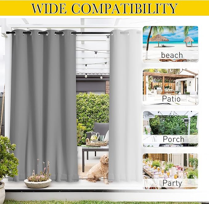 NICETOWN 2 Panels Outdoor Curtains for Patio Waterproof & Windproof, Thermal Insulated Top & Bottom Grommet & Back Tab Sun Blocking Outdoor Drapes with Fixed Rope for Gazebo, Silver Grey, W66 x L90