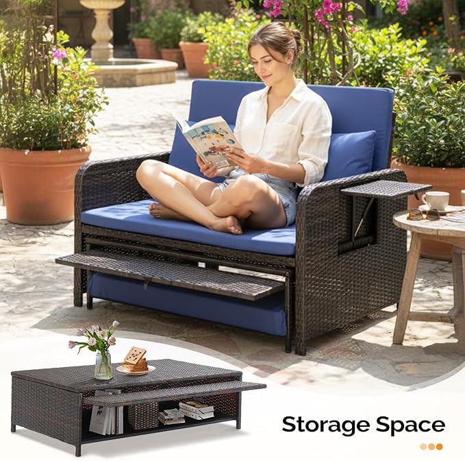 VINGLI Patio Daybed, Wicker Outdoor Daybed with Storage Ottoman & 5-Level Adjustable Backrest, All-Weather Rattan Cushioned Patio Loveseat Sofa for Garden Balcony Backyard (Navy, Brown)