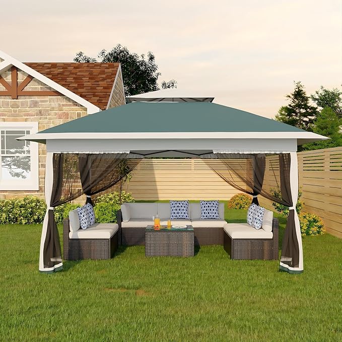 Canopy Tent 12x12 ft, Pop Up Gazebo One-Push Setup with 4 SandBags for Backyard Parties and BBQs, Mosquito Netting & Height Adjustable - Green