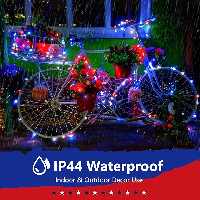 66Ft 200 LED Red White and Blue Fairy Lights Plug in, July 4th Waterproof String Lights 8 Modes with Timer for Indoor and Outdoor, American Flag Twinkle Lights for Independence Day, National Day