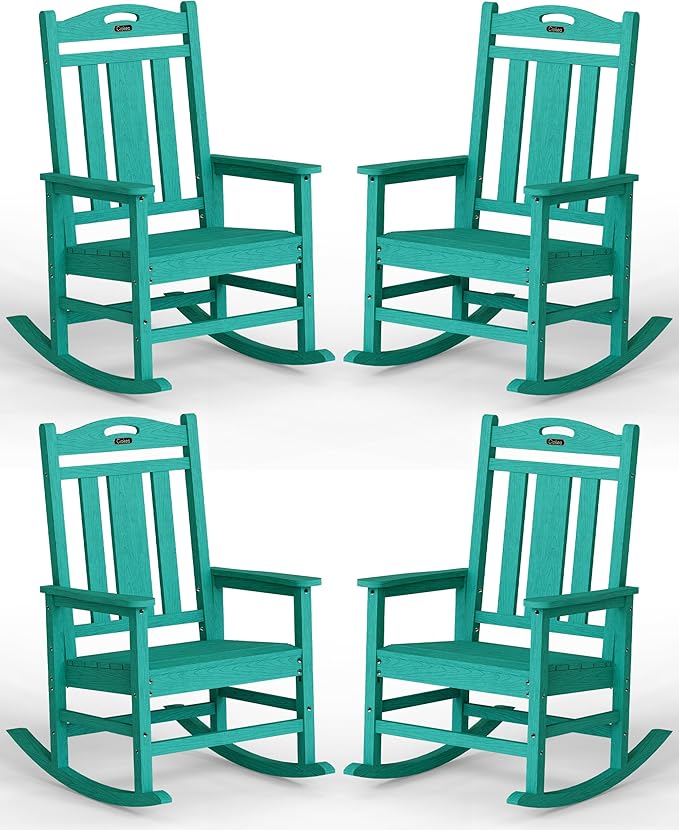 Ciokea Oversized Outdoor Rocking Chairs Set of 4, 380lbs Heavy-Duty Large Patio Rocker, High Back Cozy Porch Chairs, Weather Resistant Patio Rocking Chairs for Outside, Fire Pit, Deck, Aruba Blue