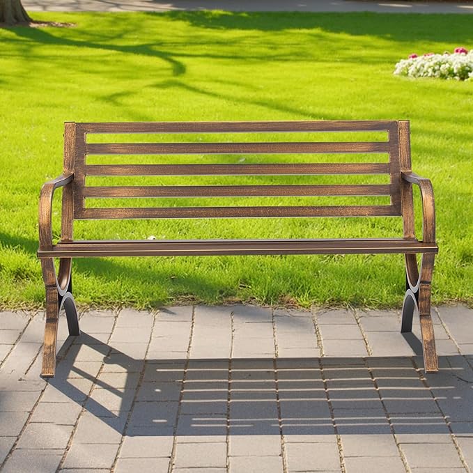 VEVOR Outdoor Bench, 50 inch, Carbon Steel Metal Frame with Slatted Pattern Backrest and Round Edge Armrests, Weatherproof Outside Bench for Patio, Garden, Park, Yard, Front Porch, Antique Bronze