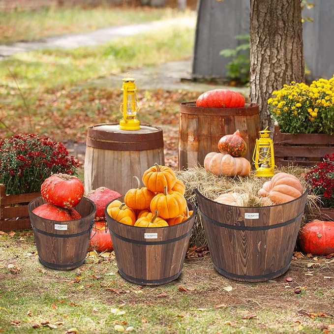 VINGLI 3 PCS Large Wooden Planter Barrel Set, 11.5"(Dia)- 18"(Dia) Real Wood Indoor/Outdoor Flower Pot w/Drainage Holes, Different Sizes, Large Garden Container Box