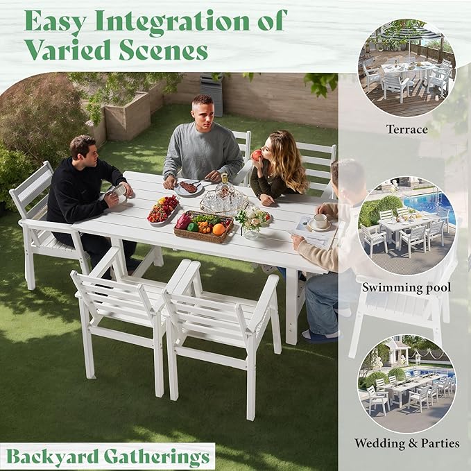 AMERLIFE 7-Piece HDPE Outdoor Dining Set with Umbrella Hole, 71" L Patio Table and Chairs Set for 6, Modern Garden Dining Set for Backyard, Poolside, Seaside, Porch, White