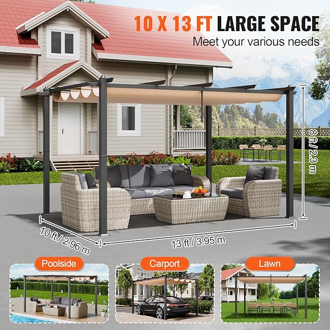 VEVOR 10'x13' Outdoor Retractable Pergola with Canopy, Aluminum Pergola with Retractable Canopy, Modern Style,Sun Shadefor Patios, Gardens, Decks, Backyards (Beige)