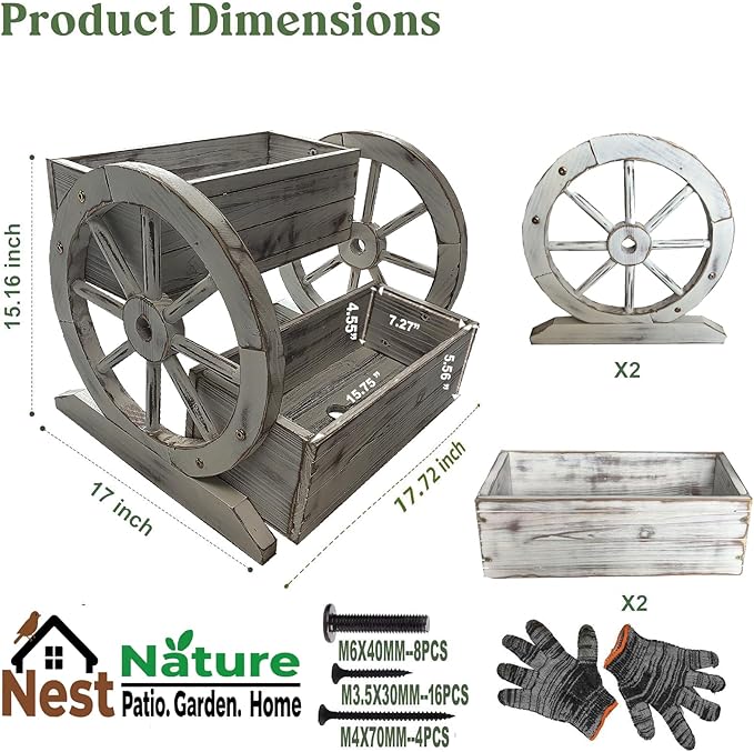 NestNature Wooden Wagon Planter Box,Raised Garden Bed,Decorative Garden Planters with Wheels-Outside Flower Pots for Indoor/Outdoor Décor Plants (Antique White)