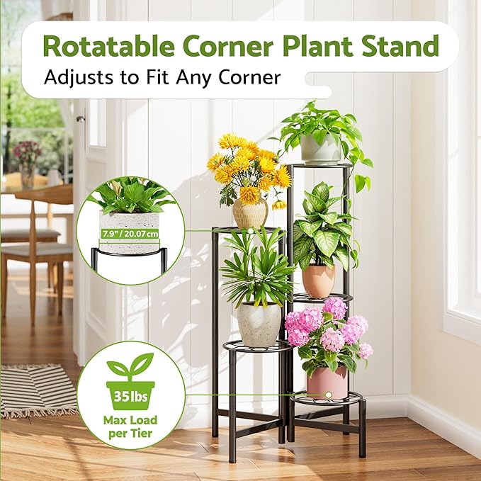 Plant Stand 5 Tier Indoor Metal Flower Shelf for Multiple Plants Corner Tall Flower Holders for Patio Garden Living Room Balcony Bedroom Black Diamond
