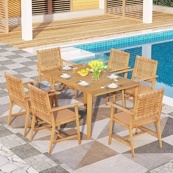 PHI VILLA 7 Pieces Acacia Wood Outdoor Dining Set for 6, Teak Large Wooden Table & Chairs with Wicker Seat and Back, Farmhouse Dining Furniture Set for Patio, Deck, Yard, Porch