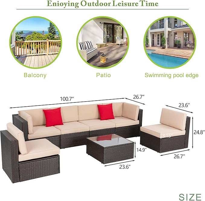 Vongrasig 7 Pieces Patio Furniture Sets, Outdoor Patio Conversation Set PE Rattan Wicker Sectional Sofa Couch with Glass Coffee Table for Garden, Poolside, Backyard, Beige