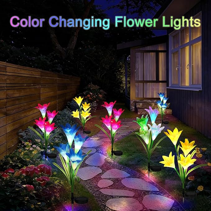 echosari 4 Pack Color Changing Solar Lights Outdoor Waterproof, Solar Lily Flower Stake Lights Auto ON/Off Solar Garden Lights for Lawn Pathway Landscape Garden Gifts for Mom Women Grandma