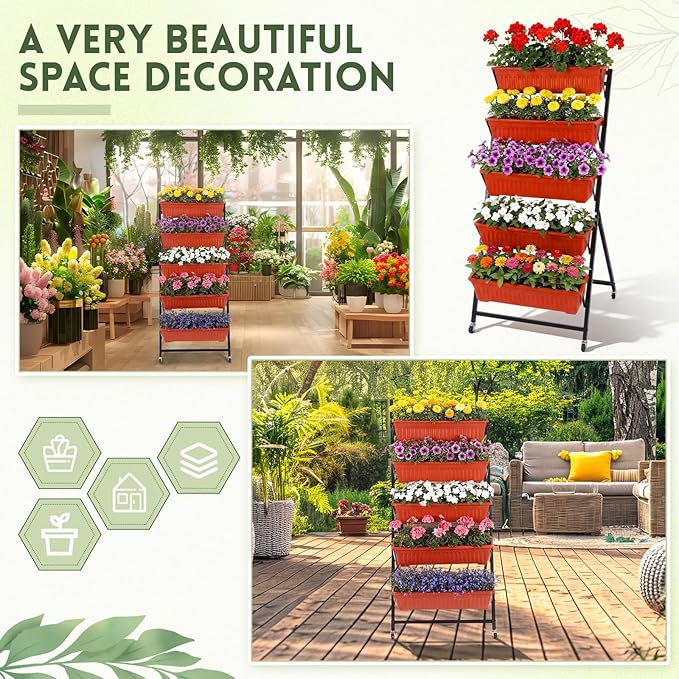 2 Pack 5-tier Vertical Garden Planter 4.5 ft Tall Raised Garden Bed with Lockable Wheels & Drainage, Removable Elevated Herb Vegetable Flower Planter for Patio Deck Indoor Outdoor(Brick Red)