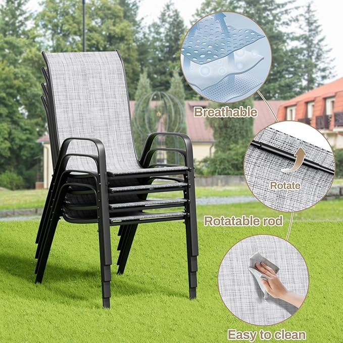 TLSUNNY Patio Dining Set 5 Pieces, All Weather Outdoor Furniture W/30"X 30" Table and 4 Stackable Textilene Chairs, Metal Table and Chairs for Lawn, Garden, Poolside, Backyard (Umbrella not Included)