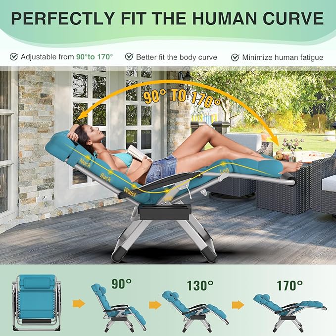Suteck Oversized Zero Gravity Chair,33In XXL Outdoor Recliner Chair w/Removable Cushion&Headrest, Camping Lounge Chair w/Upgraded Lock&Footrest, Reclining Patio Chairs for Indoor Outdoor,500LBS