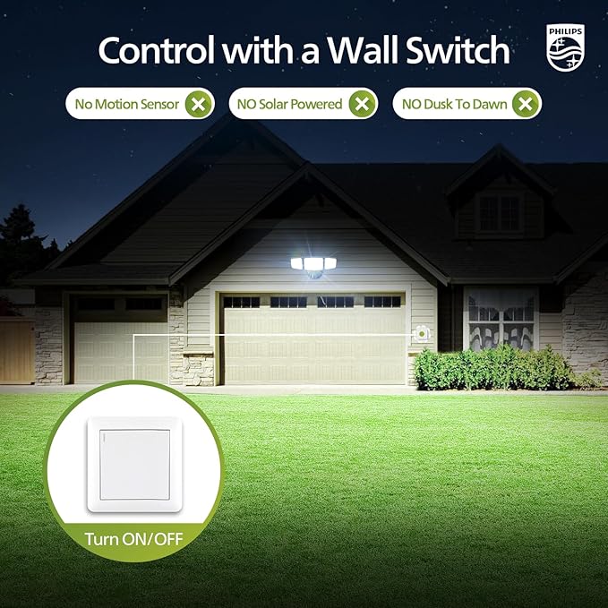 Philips 72W 7400LM LED Flood Lights Outdoor, Switch Controlled Aluminum Security Lights, 3 Adjustable Heads, Wall Mount, 5000K Daylight, Waterproof for Yard, Garage Brown
