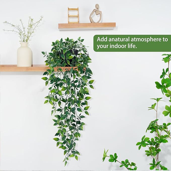 Waipfaru 2Pcs Fake Hanging Plants with Pot Deep Green Eucalyptus Leaves UV Resistant Fake Vines Ivy Artificial Plants Outdoor Faux Plants Indoor Bedroom Living Room Boho Wall Porch Shelf Decor